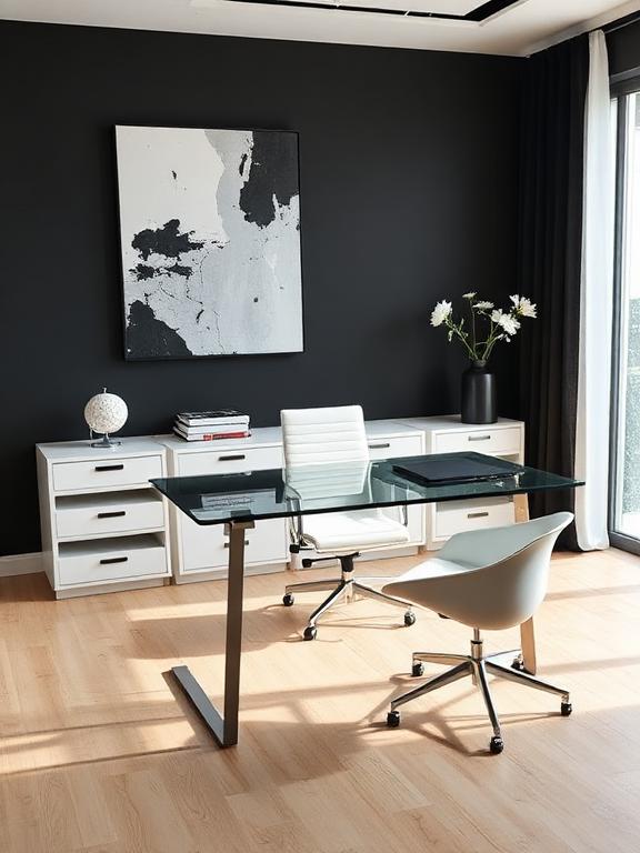 Modern home office with glass desk, black and white color scheme, abstract wall art, sleek chair