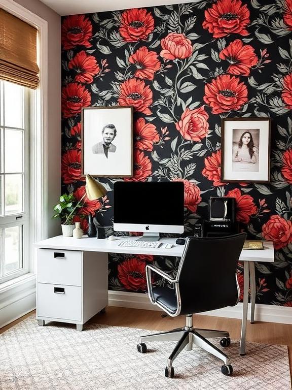 Home office with statement wall, bold wallpaper, modern desk setup
