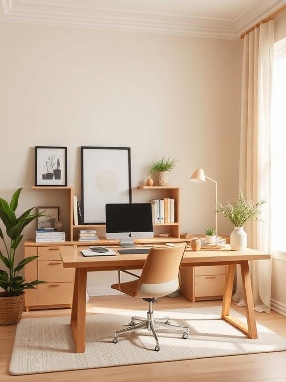 Neutral home office with beige tones, wooden desk, soft lighting