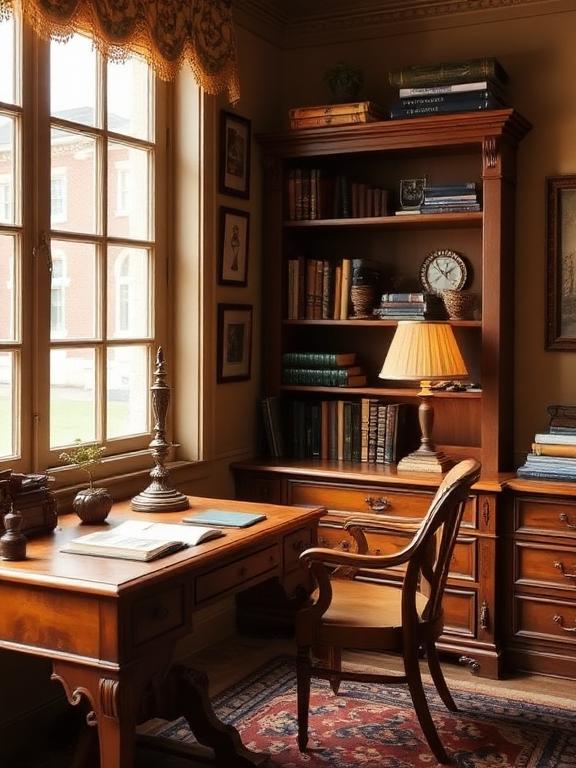 Vintage home office with wooden desk, antique lamp, classic decor