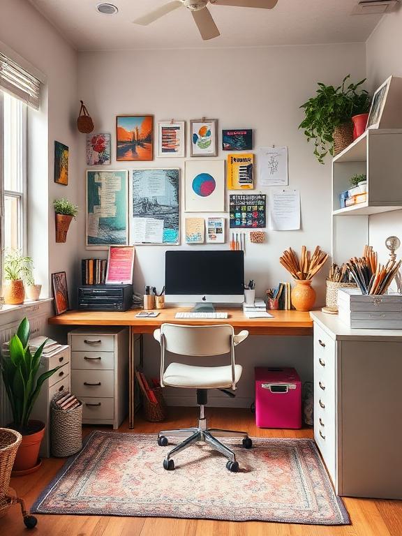 Creative home office with colorful decor, art supplies, inspiring workspace