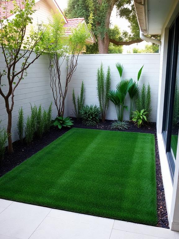 Small backyard with minimal lawn area, clean edges, modern landscaping design