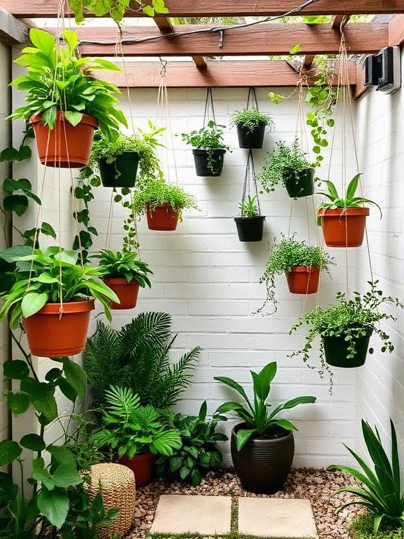 Small backyard with hanging planters, lush greenery, vertical landscaping style