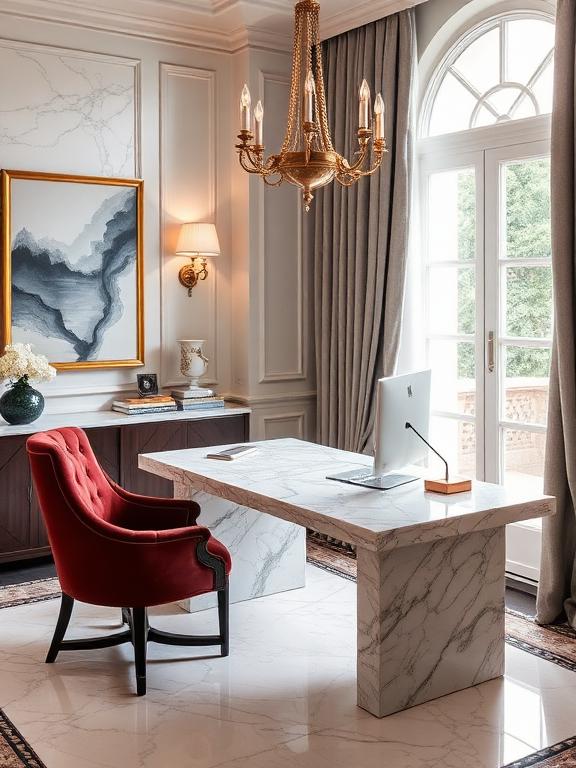  Luxury home office with marble desk, velvet chair, elegant decor