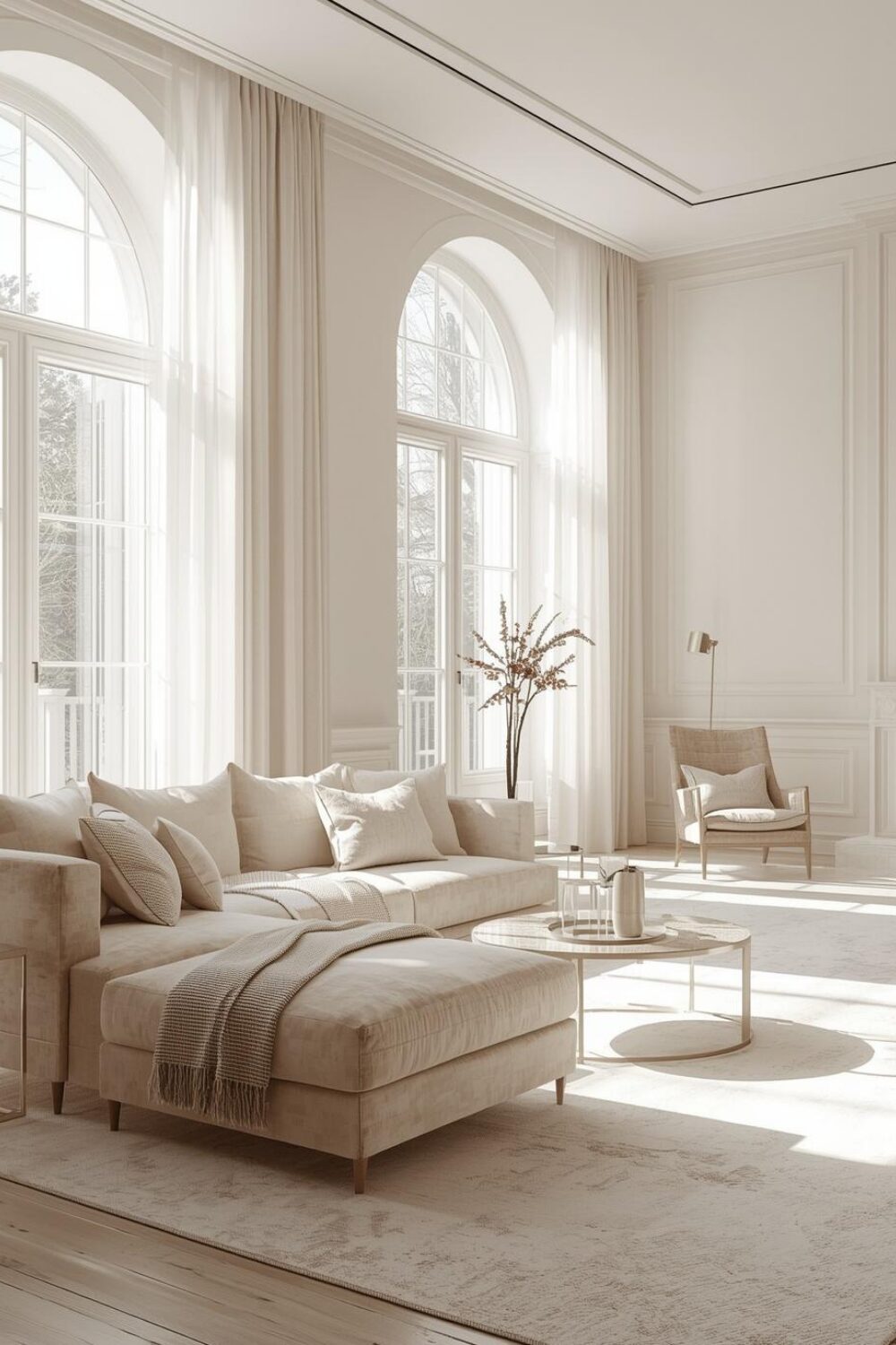 Modern elegant living room with white and beige colors and minimal furniture