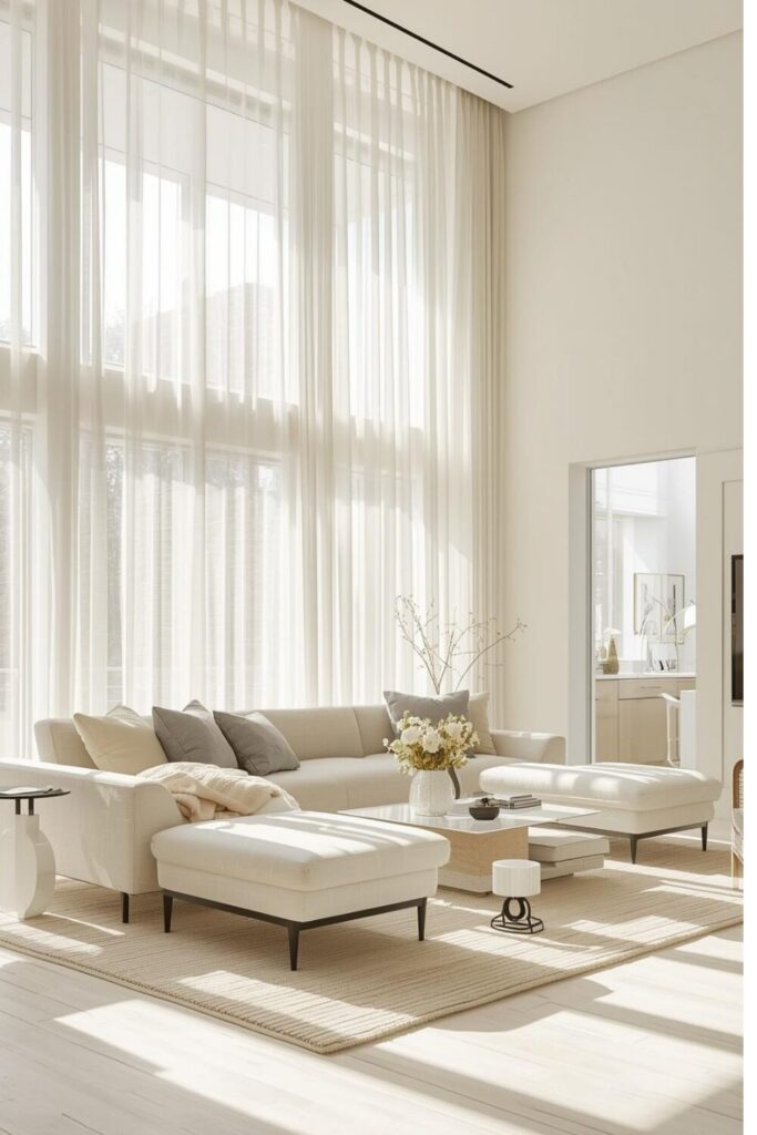 Modern room with sunlight coming through large windows