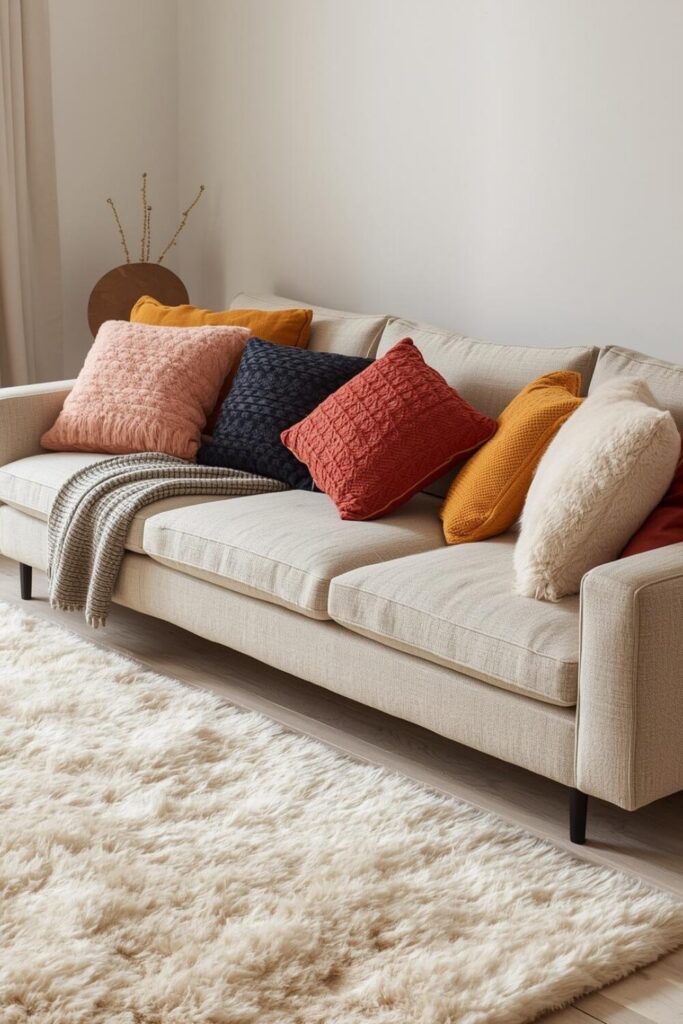 Cozy modern living room with cushions and soft textures