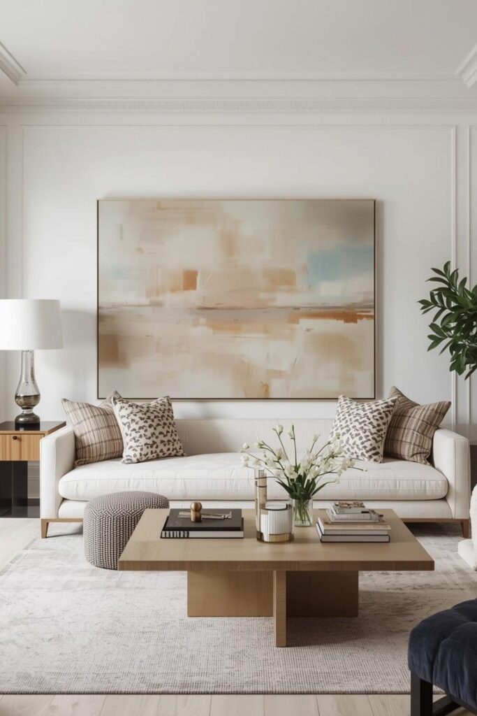 Modern living room with one large wall art decoration