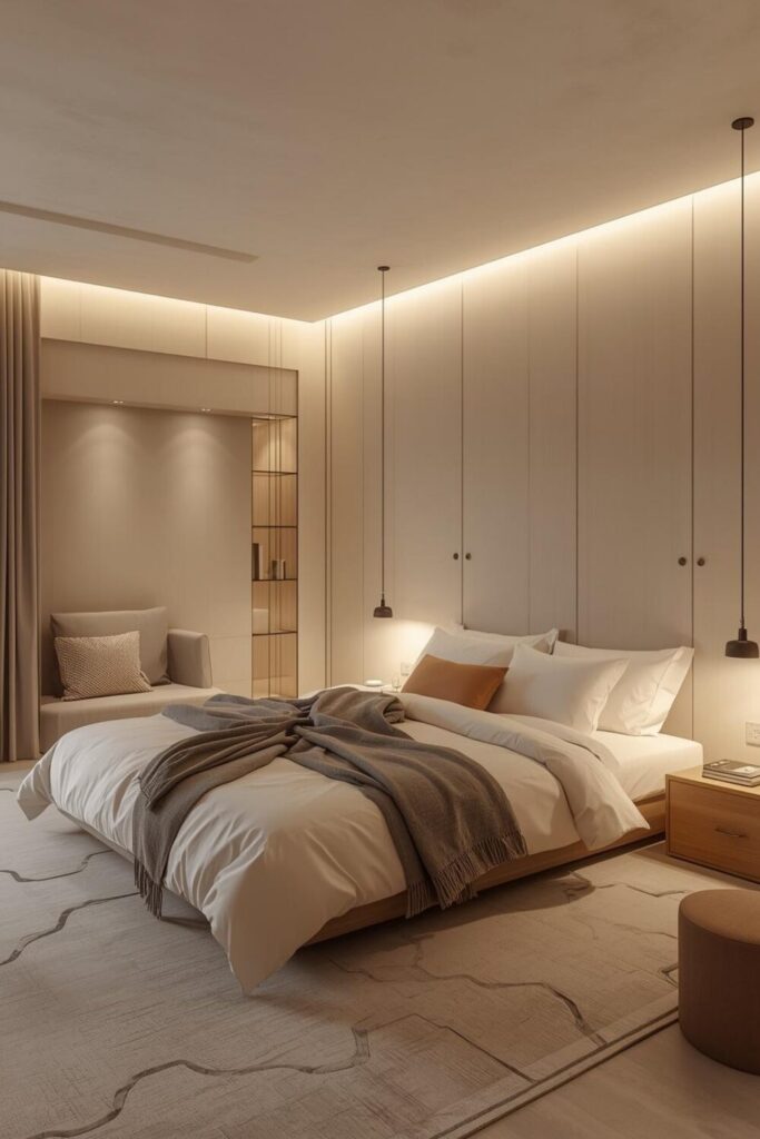 Minimal modern bedroom with soft colors, clean layout, and cozy bedding