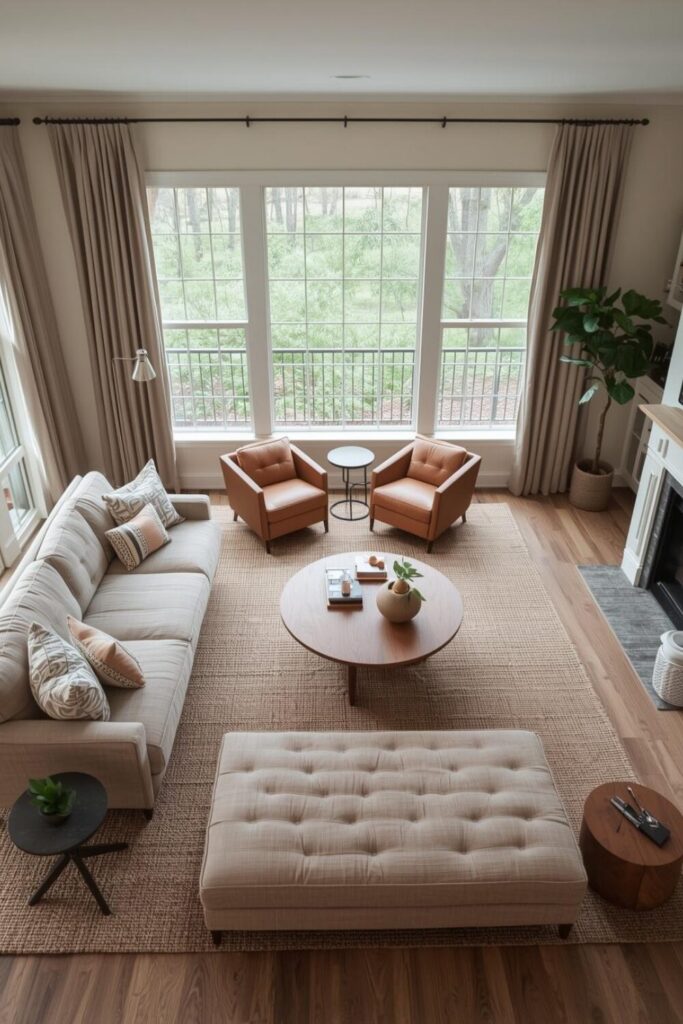 Modern living room with open layout, comfortable seating, and inviting design for family and guests