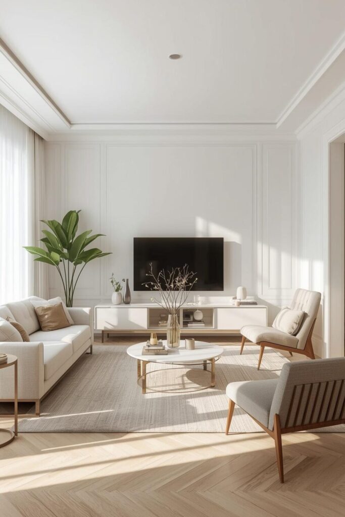 Tidy modern living room with organized furniture and clutter-free space