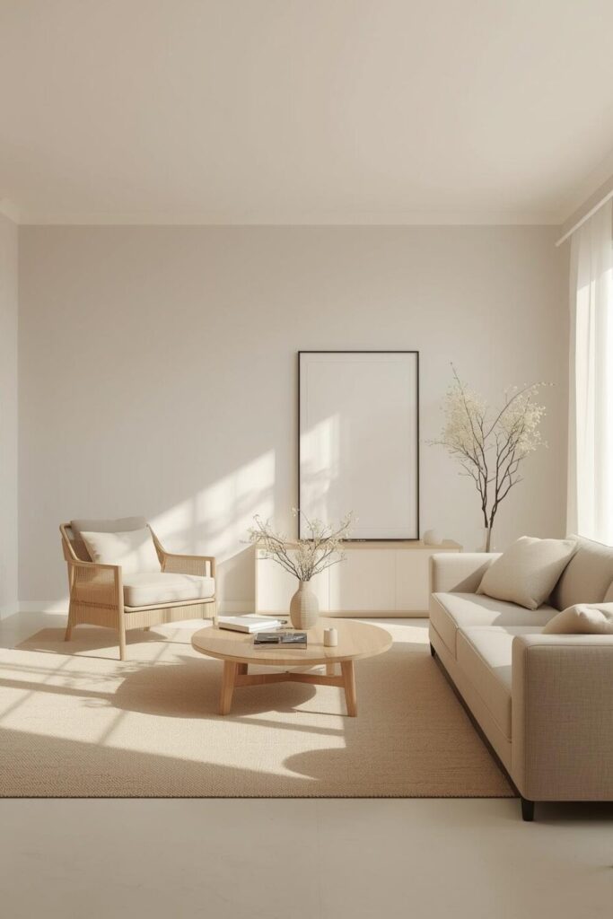 Minimal modern living space with simple furniture and comfortable design