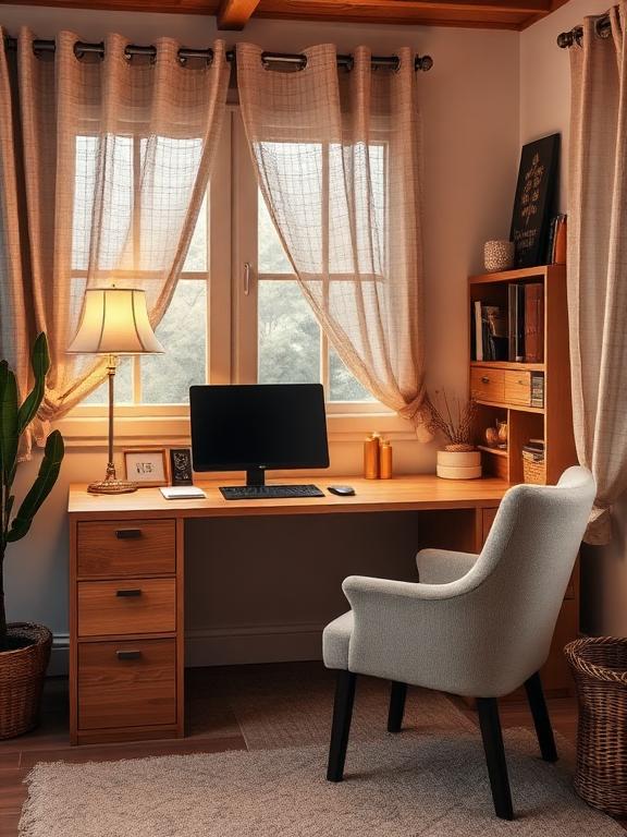 Cozy home office with wooden desk, warm lighting, soft chair, neutral cozy decor