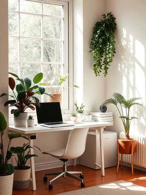  Home office near large window, bright natural light, indoor plants, airy workspace