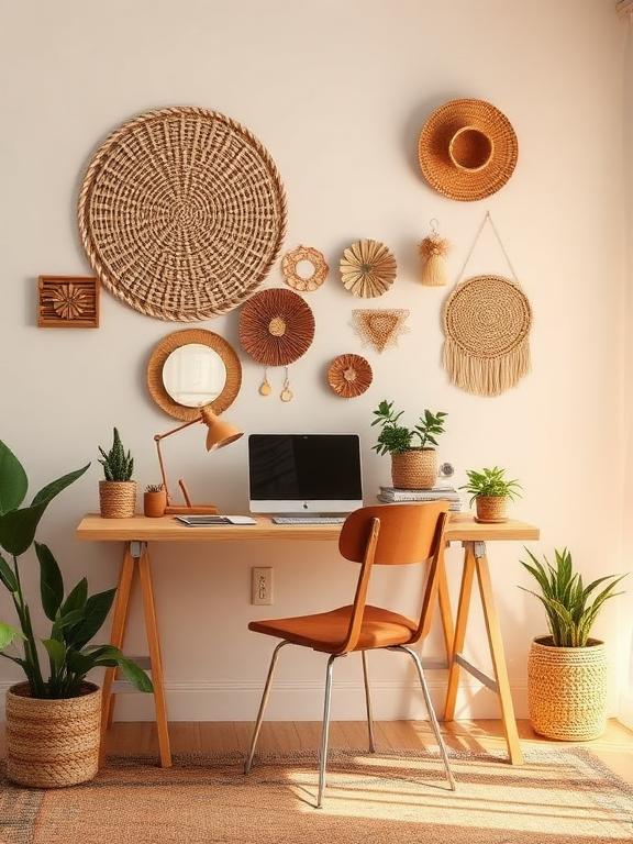 Boho home office with woven decor, plants, warm tones