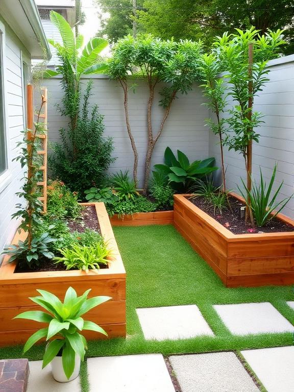 Small backyard with raised wooden garden beds, lush plants, clean layout, modern backyard landscaping