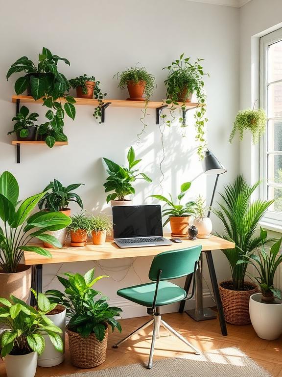 Home office with indoor plants, fresh green decor, natural workspace