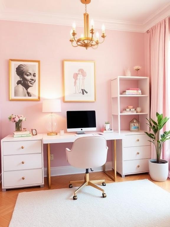 Feminine home office with pastel colors, gold accents, stylish desk decor