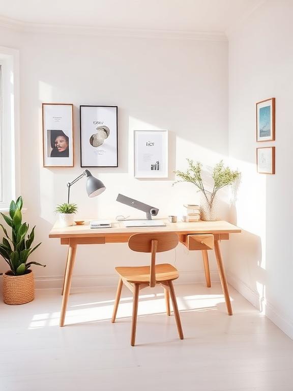 Scandinavian home office with light wood desk, white walls, minimal decor, bright interior
