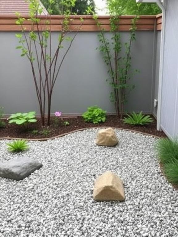 Small backyard Zen garden, gravel and stones, minimalist peaceful outdoor design -