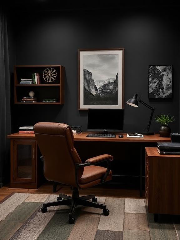 Masculine home office with dark tones, leather chair, wooden desk, modern decor