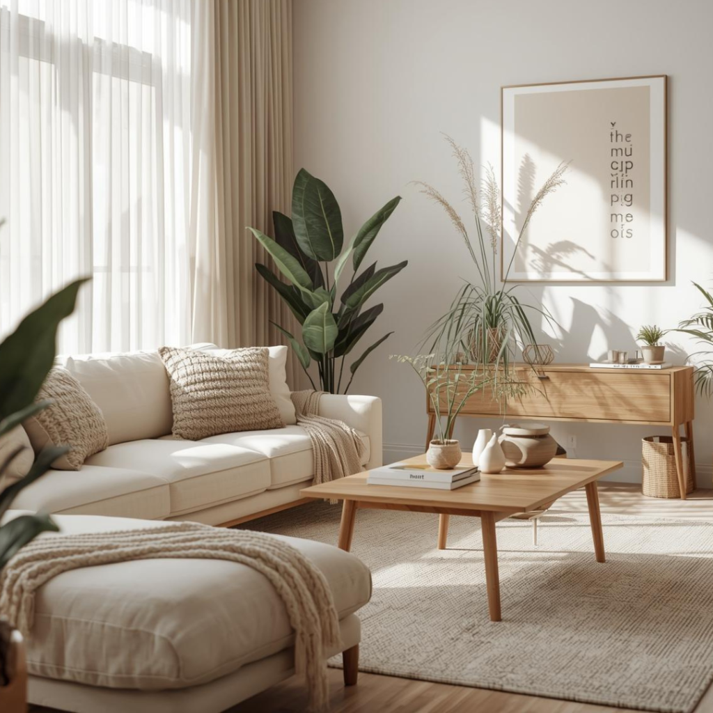 About Bright modern living room with neutral tones, beige sofa, indoor plants, and cozy home décor inspiration