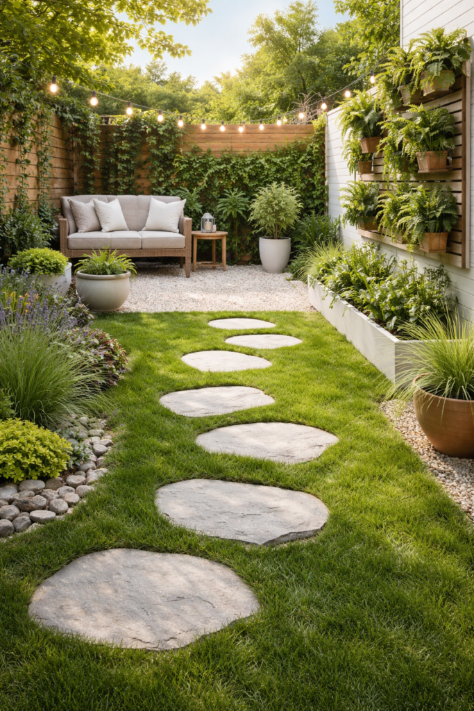 Small backyard with gravel landscaping, stepping stones, minimalist outdoor design, bright natural light