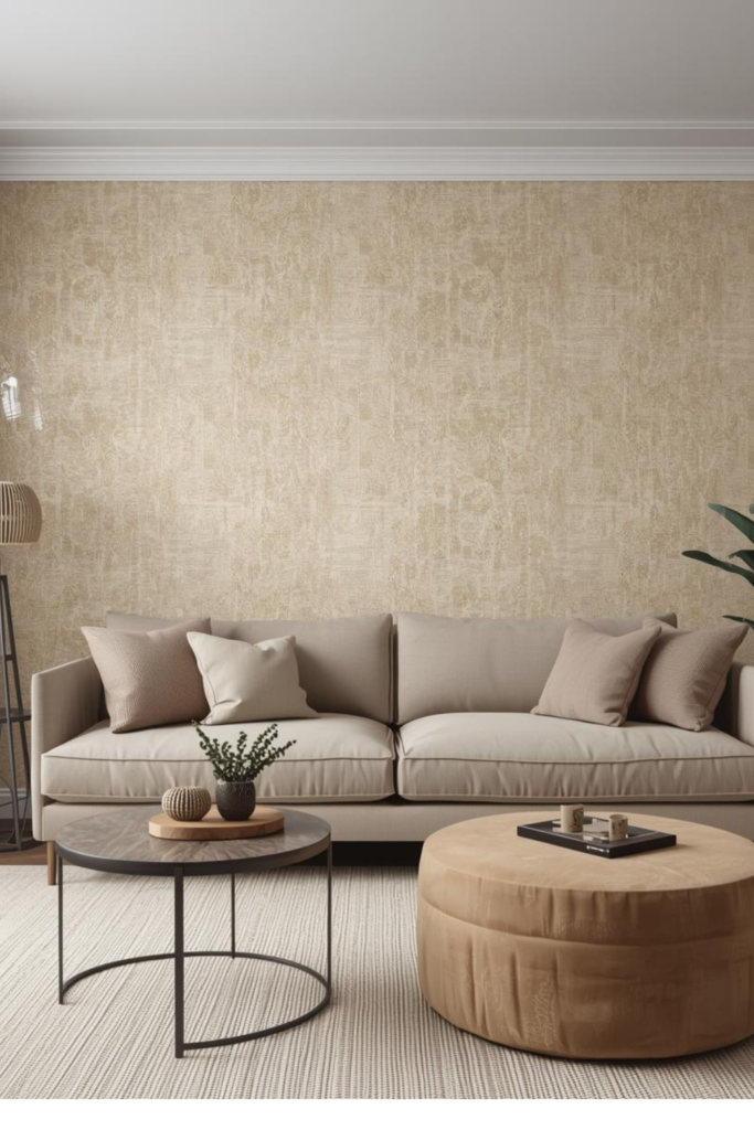 Living room with a wallpaper accent wall featuring subtle patterns, modern sofa, soft lighting, neutral decor, stylish Pinterest-inspired interior design.