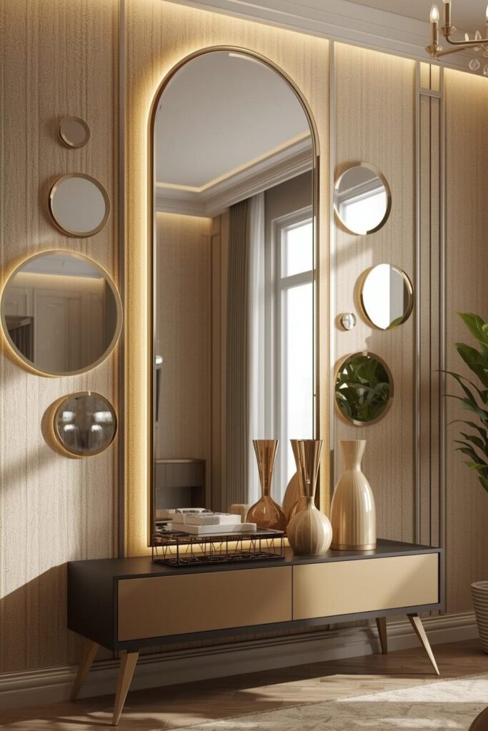 “Long curved floor mirror with decorative frames, surrounded by smaller framed mirrors, illuminated by soft lighting to brighten and expand the room.”