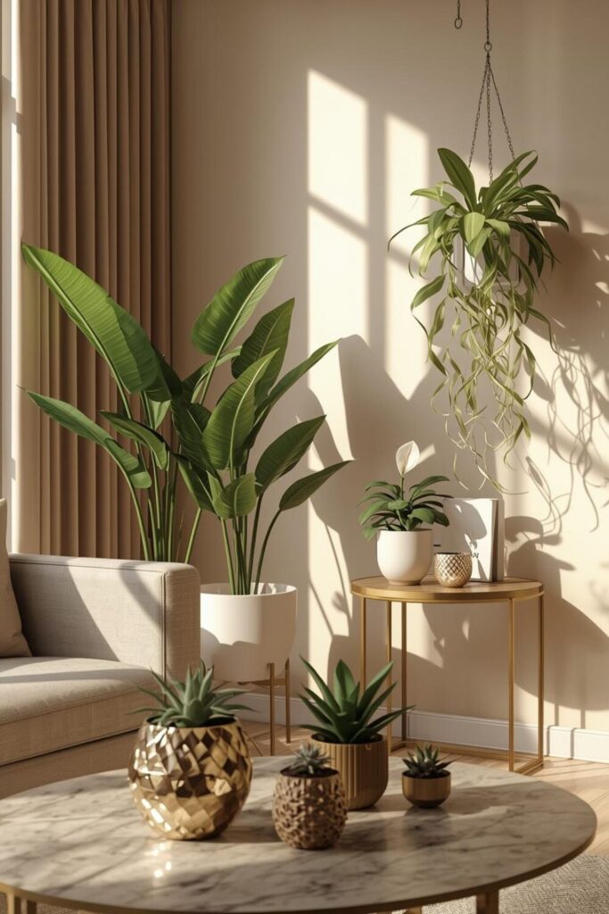 “Indoor plants including snake plant, money plant, peace lily, areca palm, and succulents in decorative planters, bringing freshness and style to a living room corner.”