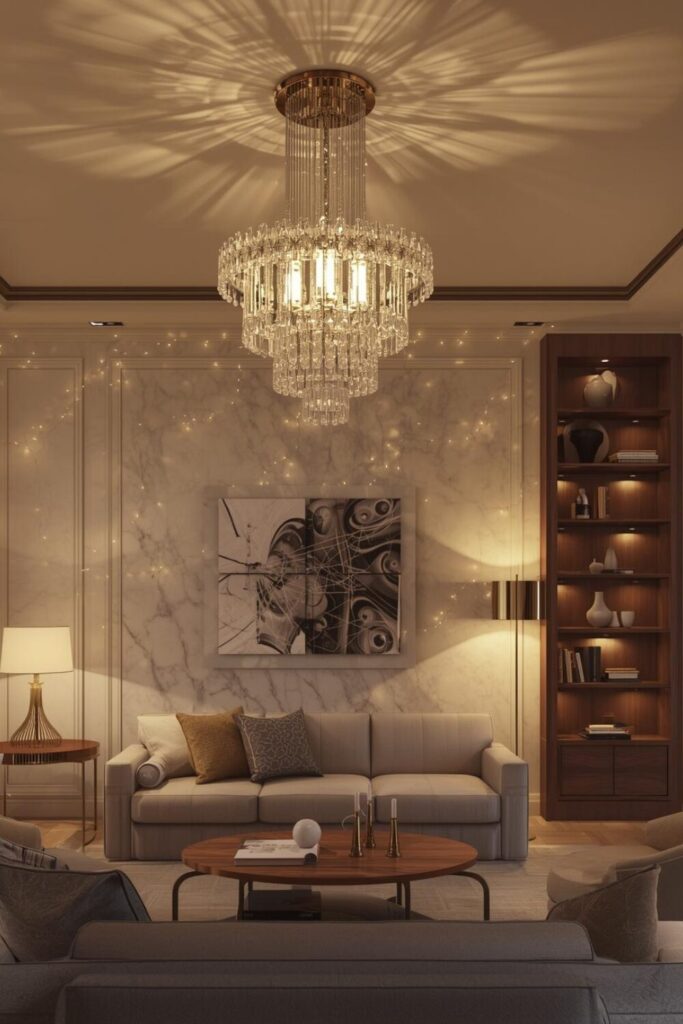 “Living room with layered decorative lighting including table lamp, floor lamp, pendant light, fairy lights, and chandelier, creating a warm and cozy atmosphere.”