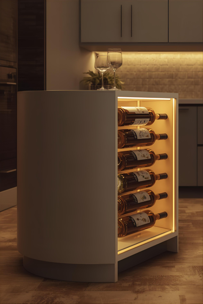 Compact kitchen island with a built-in wine rack on the side, modern design, warm wood accents, and a cozy small kitchen setting