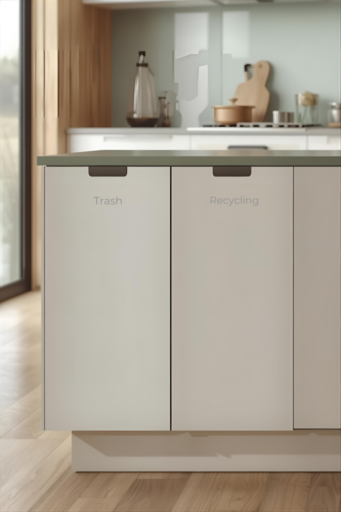 Small kitchen island with pull-out trash and recycling drawers, sleek modern cabinetry, and a clean, minimal kitchen interior
