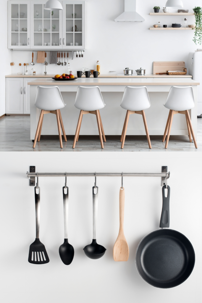 Kitchen island with hanging utensil hooks on the side, small modern kitchen, functional decor
