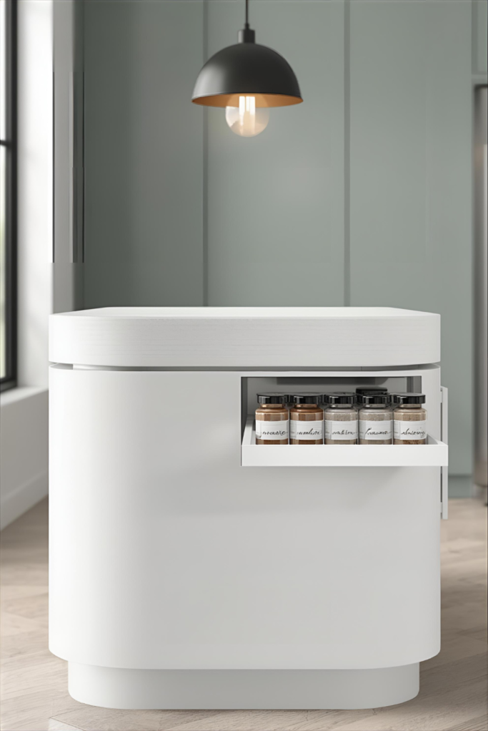 Small kitchen island with built-in spice drawer, neatly arranged spice jars, clean modern look