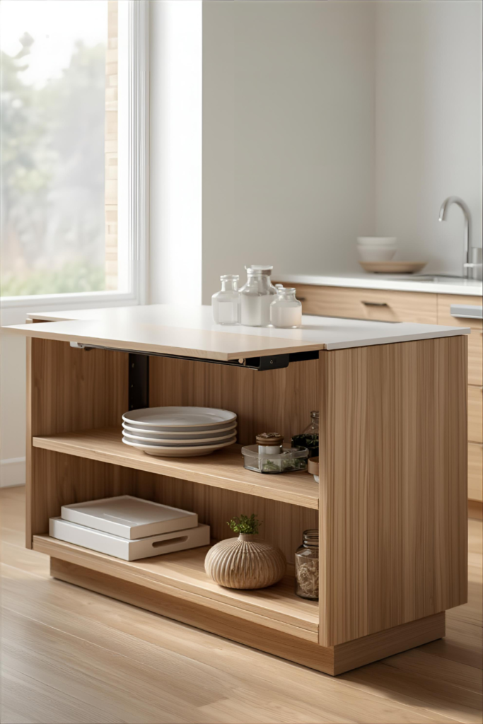 Small kitchen island with fold-out table and storage, compact apartment kitchen, smart design

