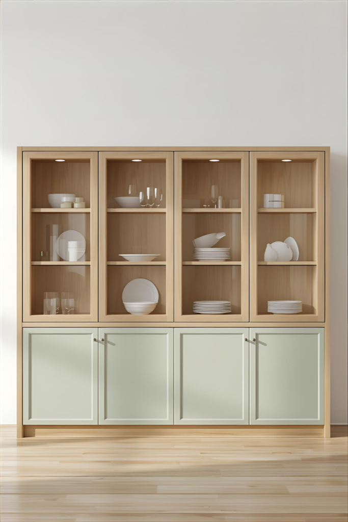 Kitchen island with glass-front cabinets, small elegant kitchen, light and airy feel
