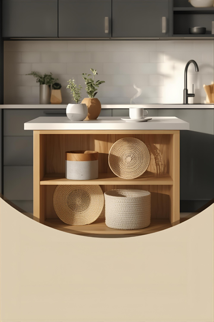 Small kitchen island with under-island baskets, cozy modern kitchen, natural textures
