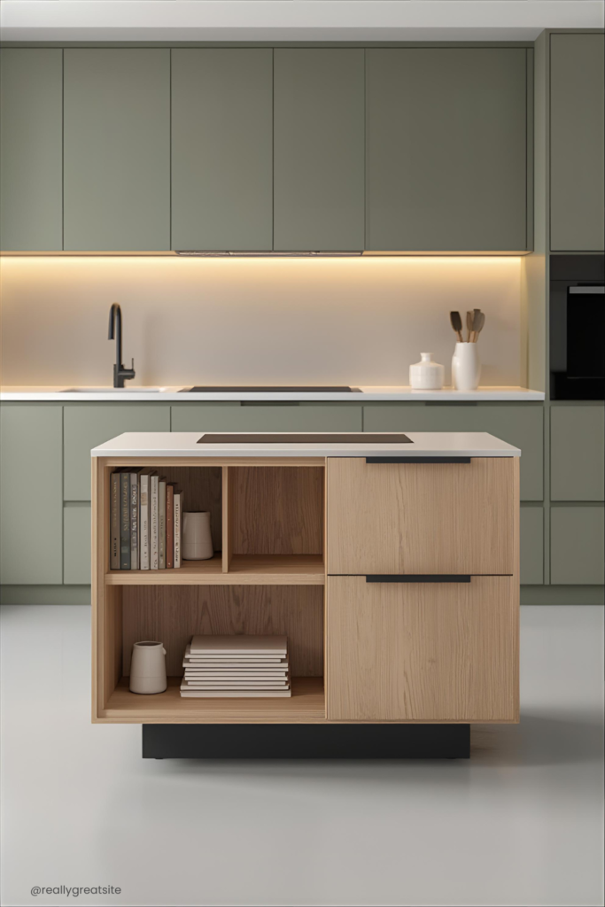 Small kitchen island with multi-level storage design, modern compact kitchen, functional layout
