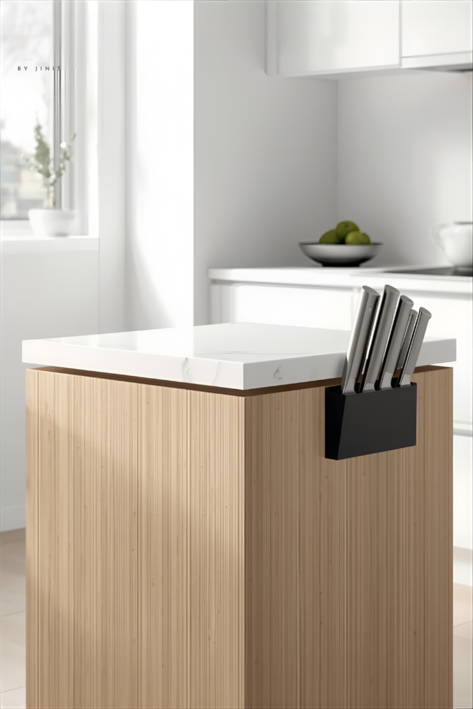 Small kitchen island with magnetic knife strip on the side, modern minimalist kitchen