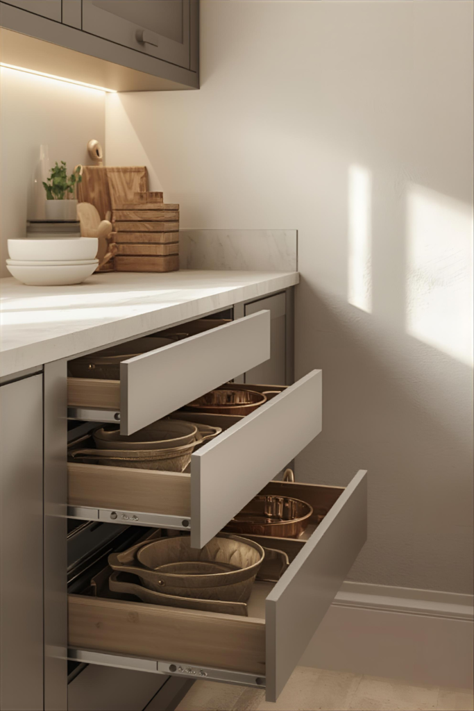 
Modern small kitchen with a compact island featuring pull-out drawers, neatly organized cookware, soft neutral tones, and natural light creating a clean, realistic interior design
