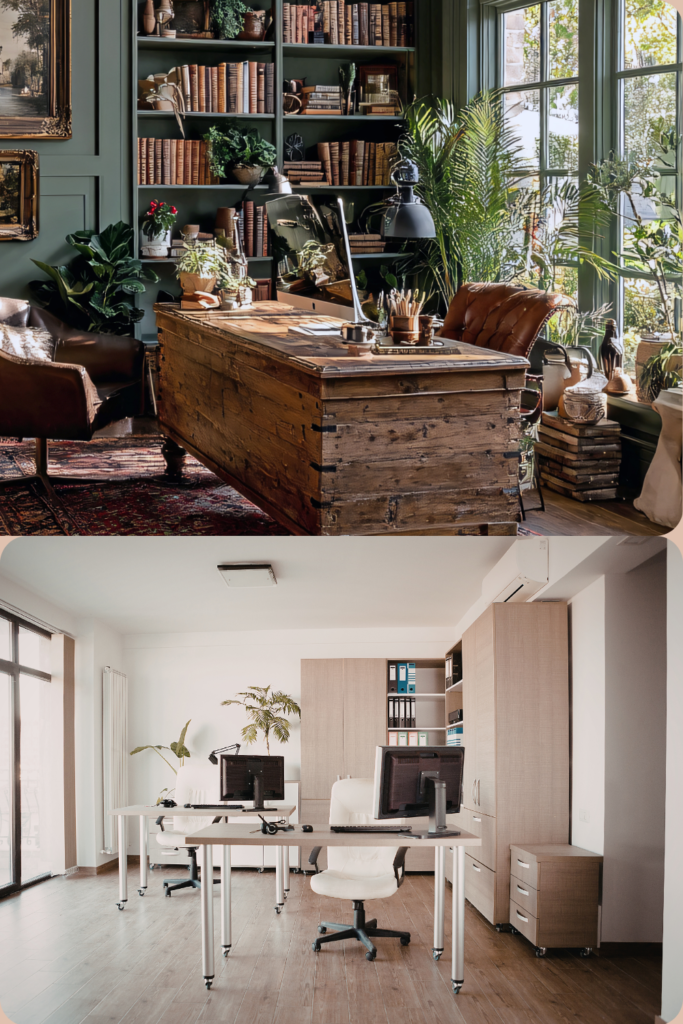  Wooden desk home office with indoor plants, woven storage baskets, natural light, and laptop on the desk.