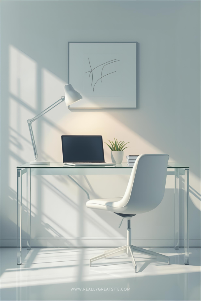 Modern glass desk home office with swivel chair, desk lamp, minimalistic decor, and laptop.