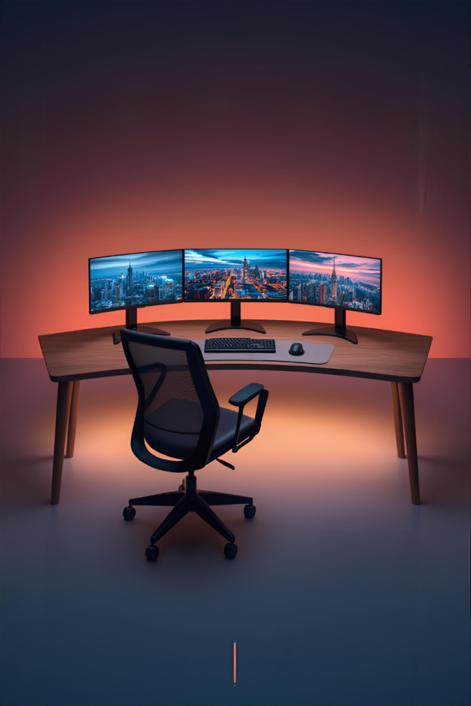  Home office desk with multi monitors, ergonomic chair, keyboard, mouse, LED strip lighting, modern tech setup.