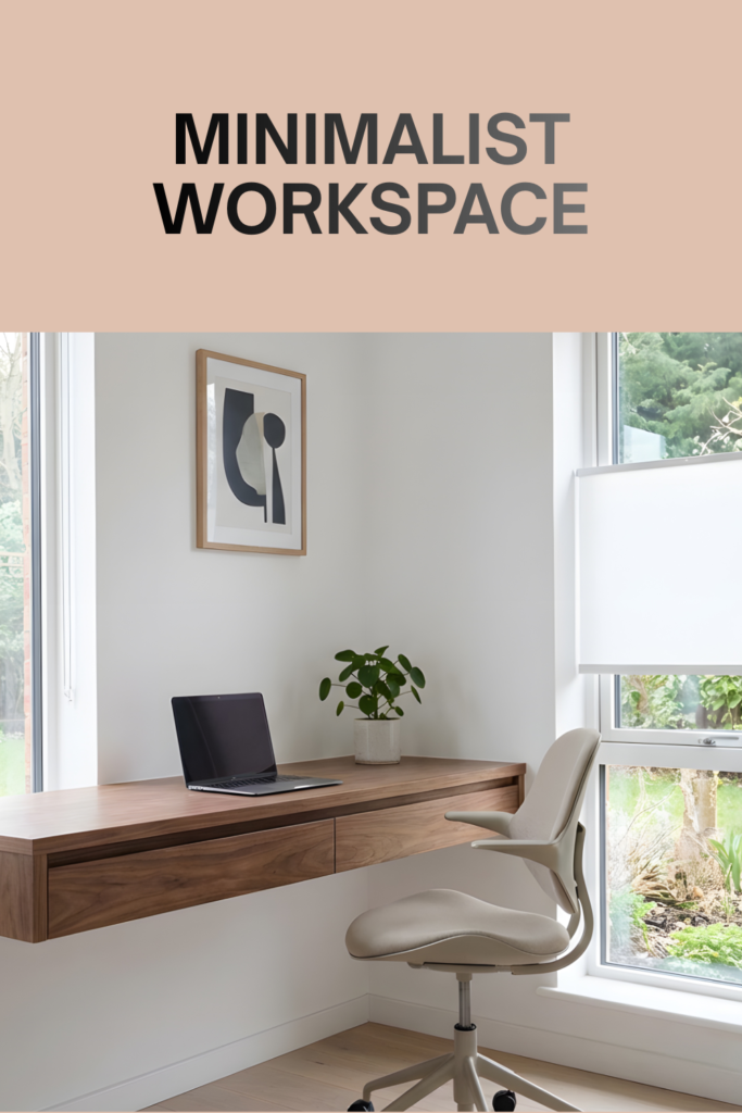 Floating wall-mounted home office desk, small chair, shelf with books and decor, minimal modern design.