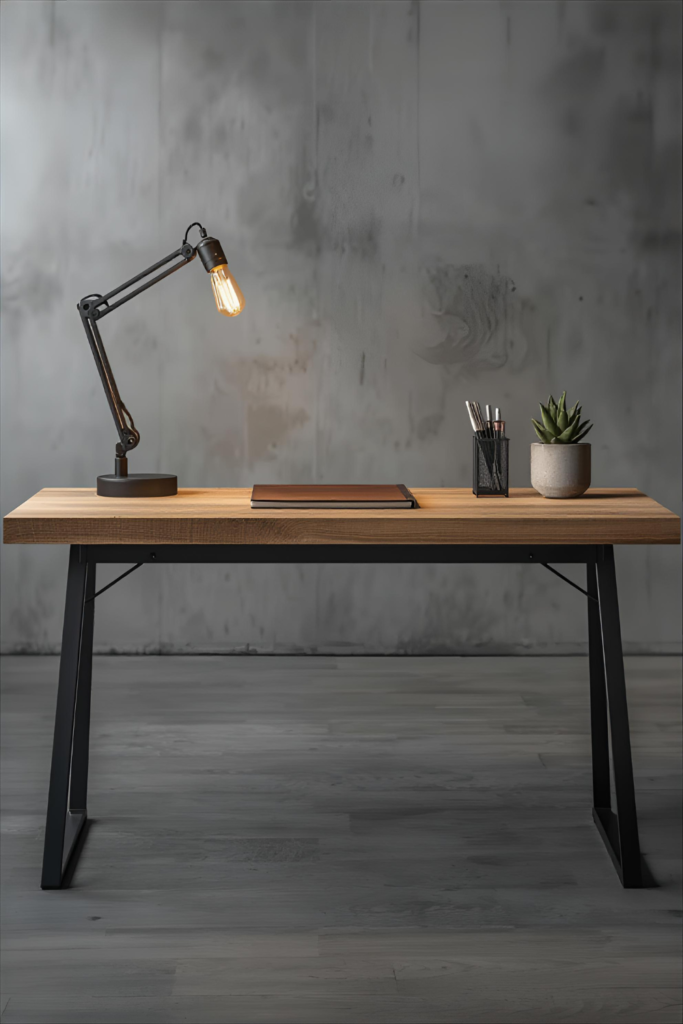 Industrial home office desk with metal legs, wooden top, task lamp, and organized desk accessories.