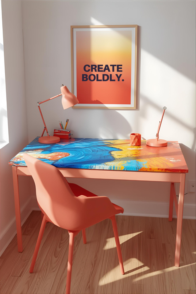 Home office desk with colorful tabletop, bright chair, matching desk accessories, creative and lively vibe.