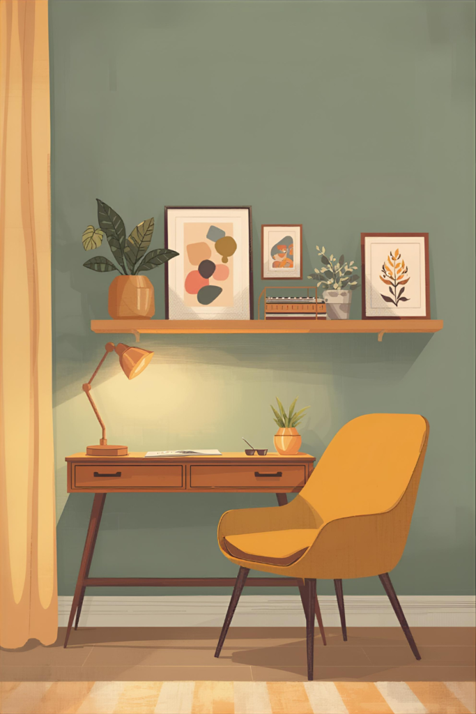 Cozy home office nook with small desk, comfortable chair, soft lighting, and personal decor items.