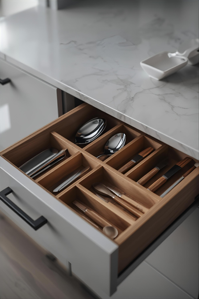 Kitchen island drawer with built-in dividers, neatly organized utensils, modern kitchen close-up
