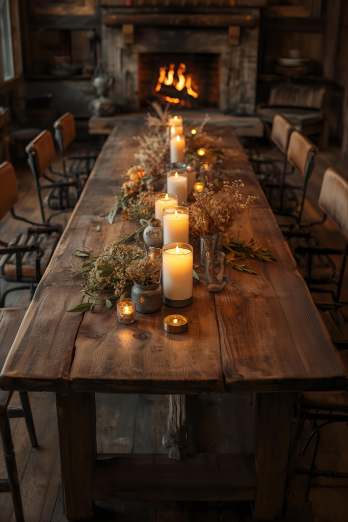 Long rustic farmhouse table with mixed seating, candles, cozy entertaining setup